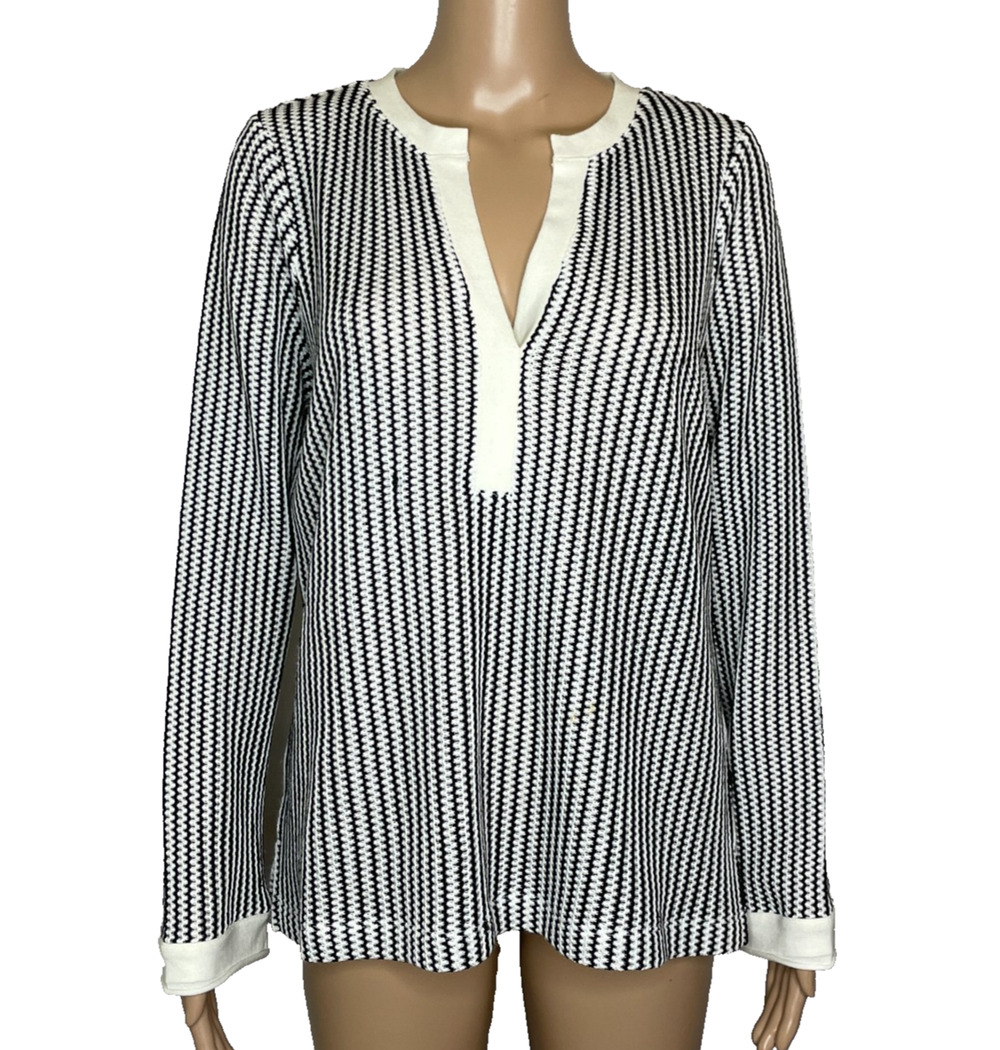 Women's Large Nic & Zoe Black White Stripe Y-Neck Polyester Pullover Sweater